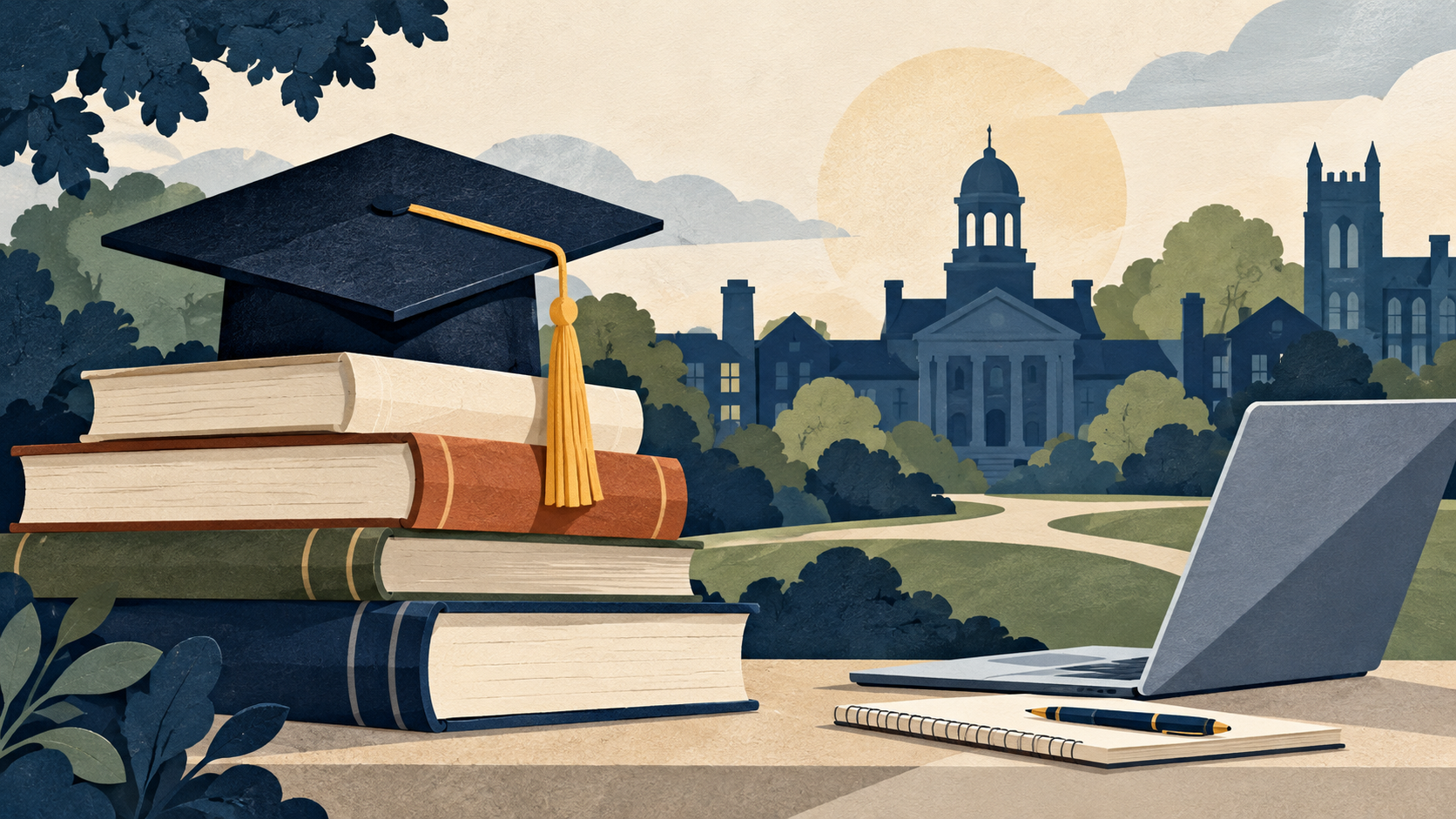 Illustration: Books, a graduation cap and laptop.