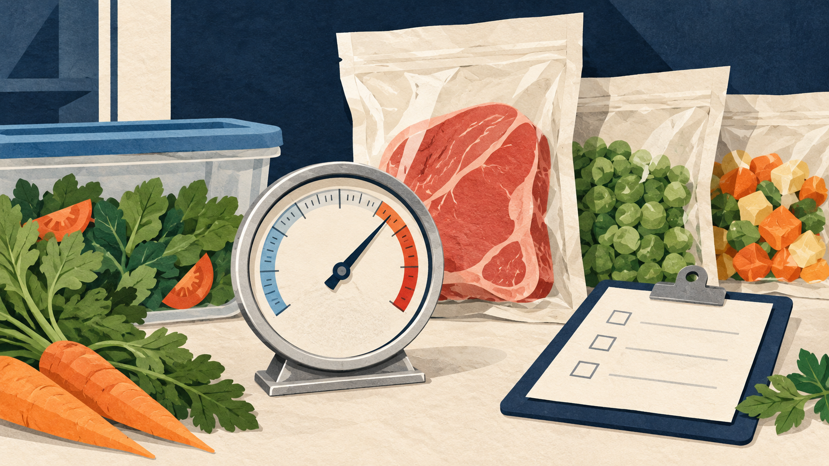 Illustration: A food-storage thermometer and sealed food packages.