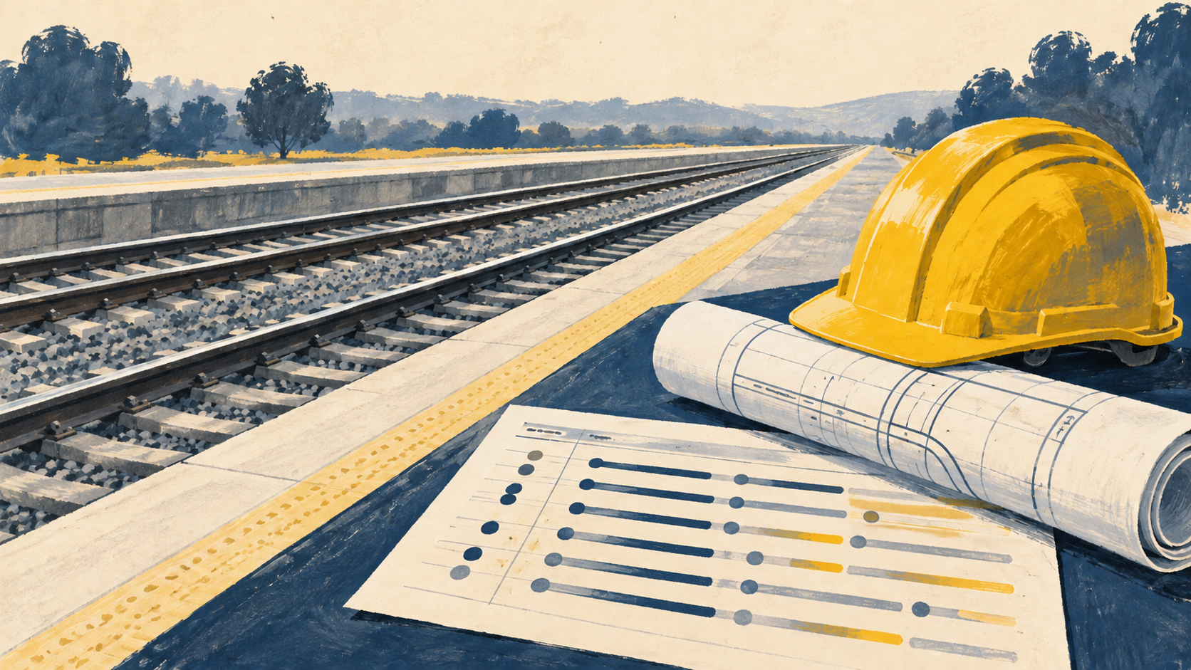 Illustration of railway tracks, a platform edge, construction plans and a hard hat.