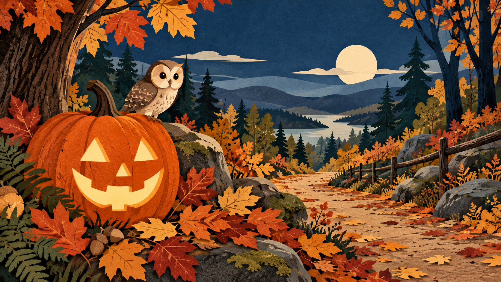 Illustration: A pumpkin lantern, owl and woodland path.