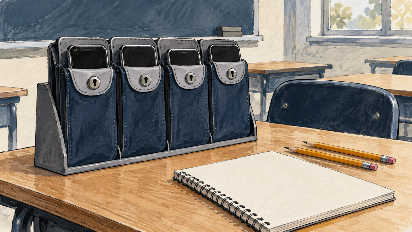 Illustration: Locked phone-storage pouches on a classroom desk.