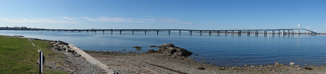A panoramic view of the Claiborne Pell Newport Bridge in Rhode Island.