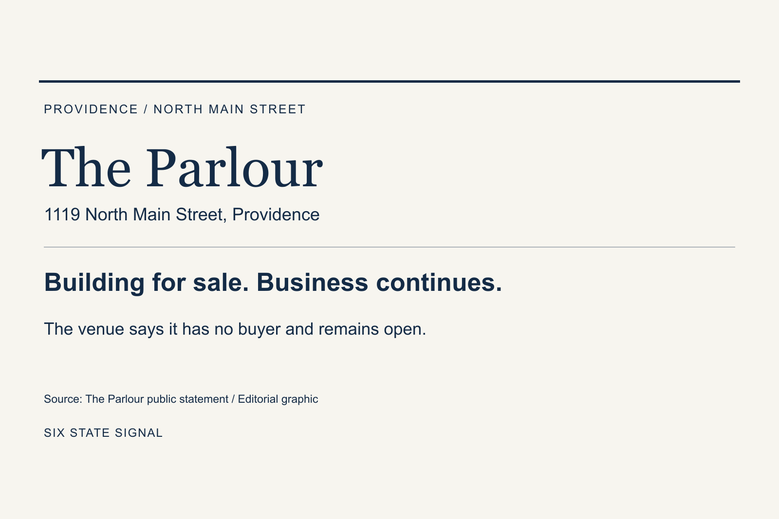 Editorial graphic identifying The Parlour at 1119 North Main Street, Providence, and its statement that the building is for sale and business continues.