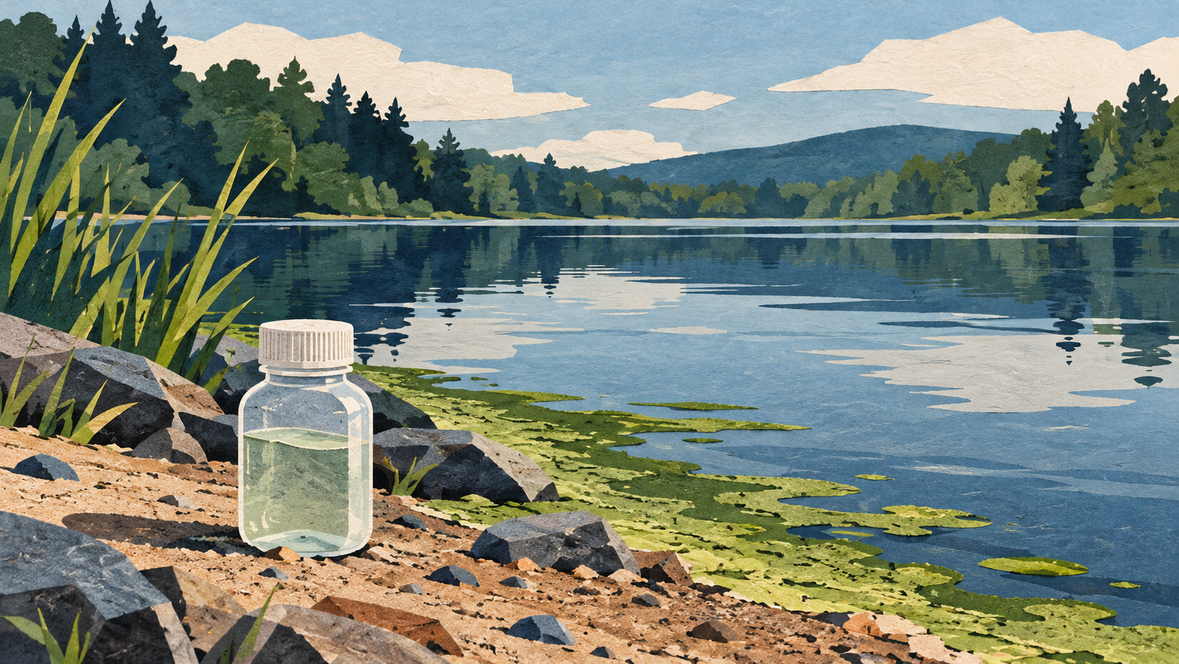 Illustration: A water-sampling bottle beside a pond.