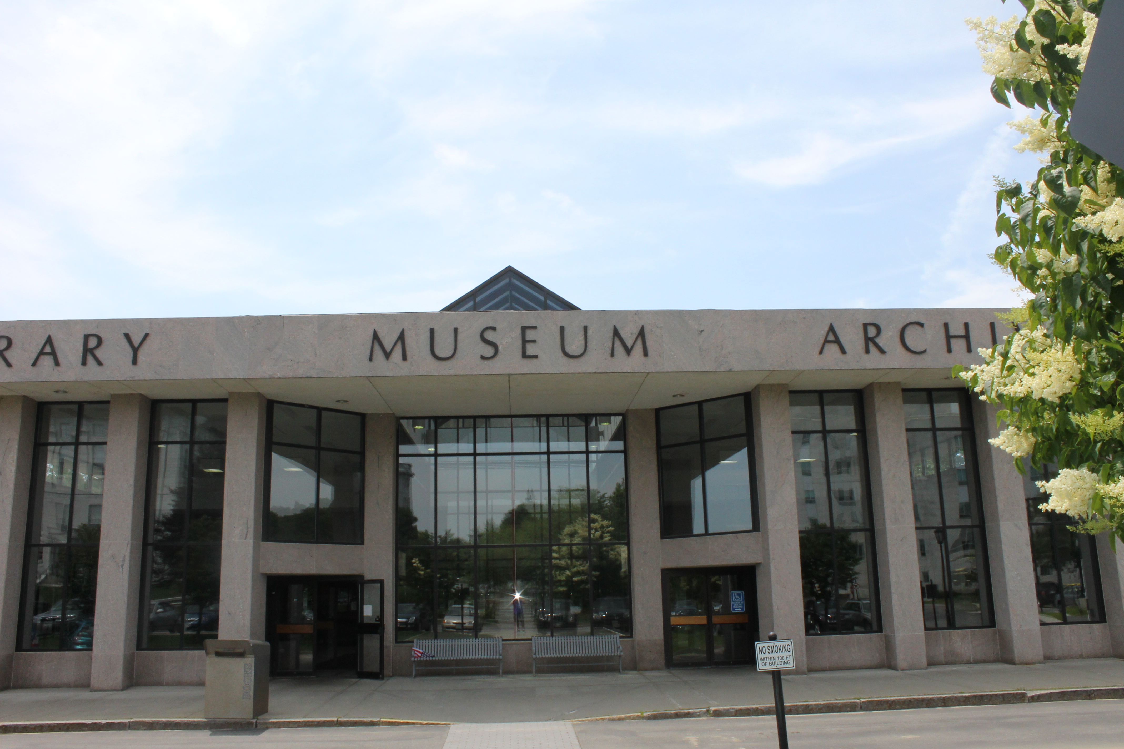 The entrance to the Maine State Library, Museum and Archives building in Augusta.
