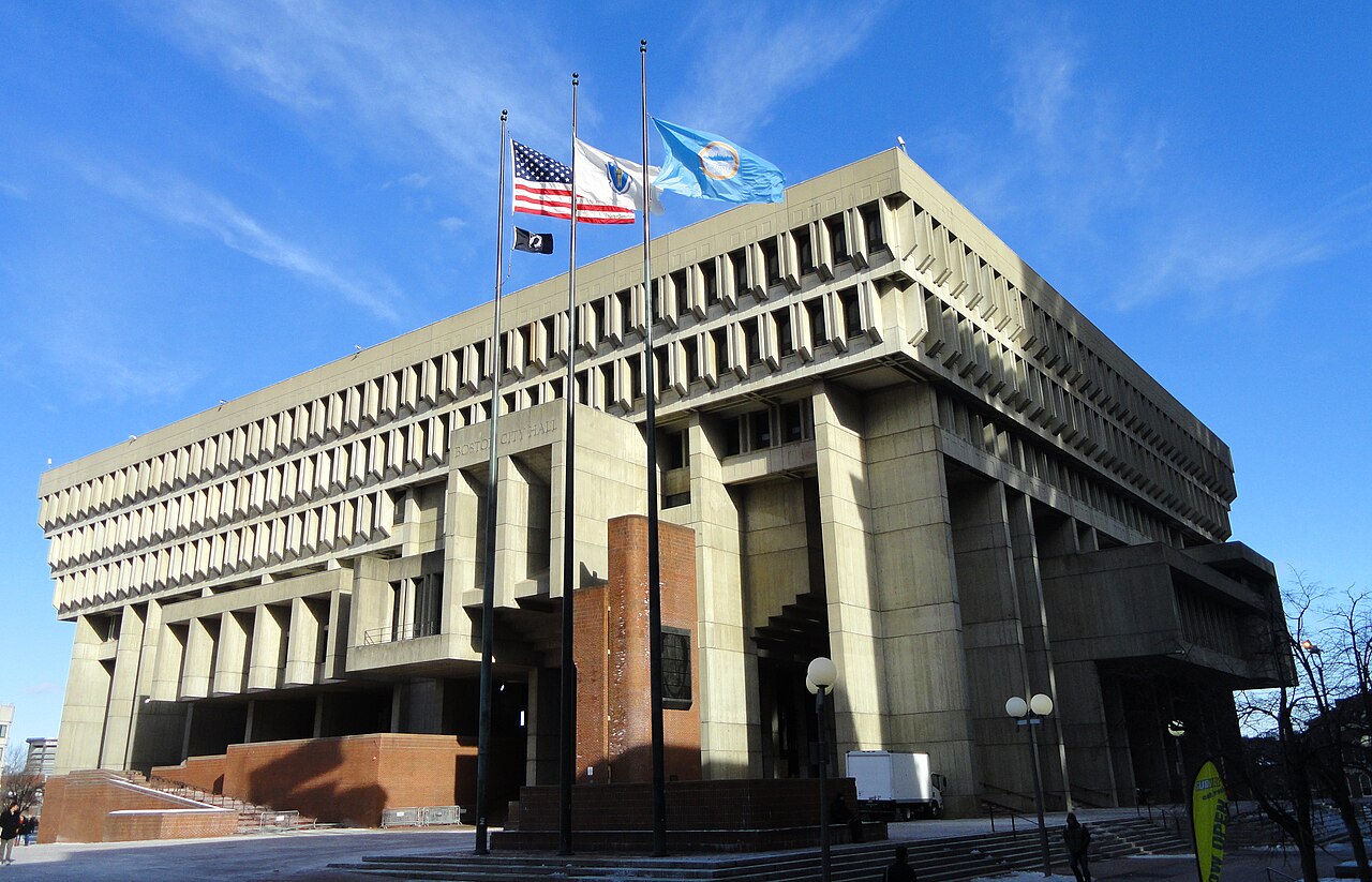 The concrete exterior of Boston City Hall.