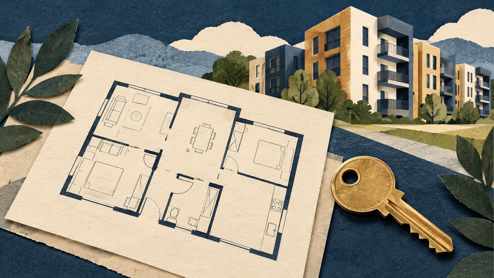 Illustration of housing plans and an apartment key.