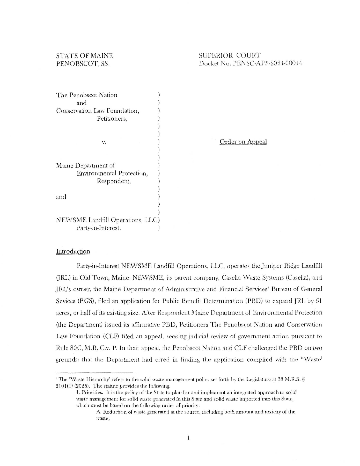 First page of the Superior Court order in the Juniper Ridge landfill case.