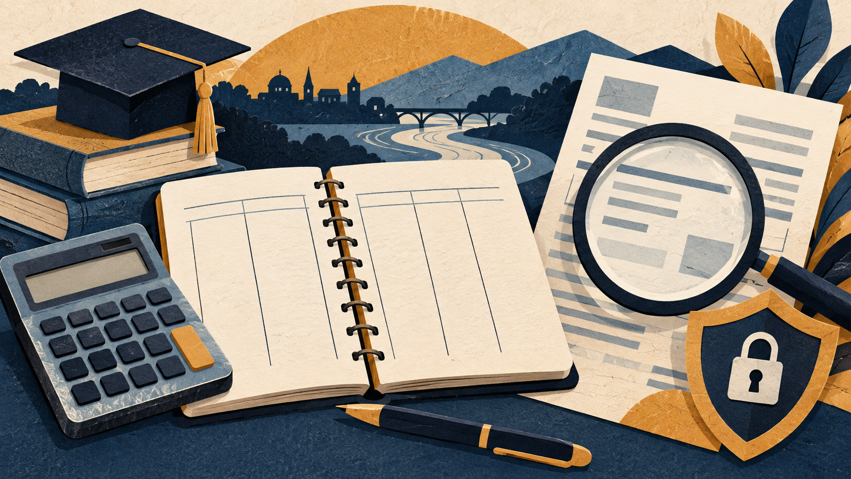 Illustration of a budgeting notebook, calculator and magnifying glass.