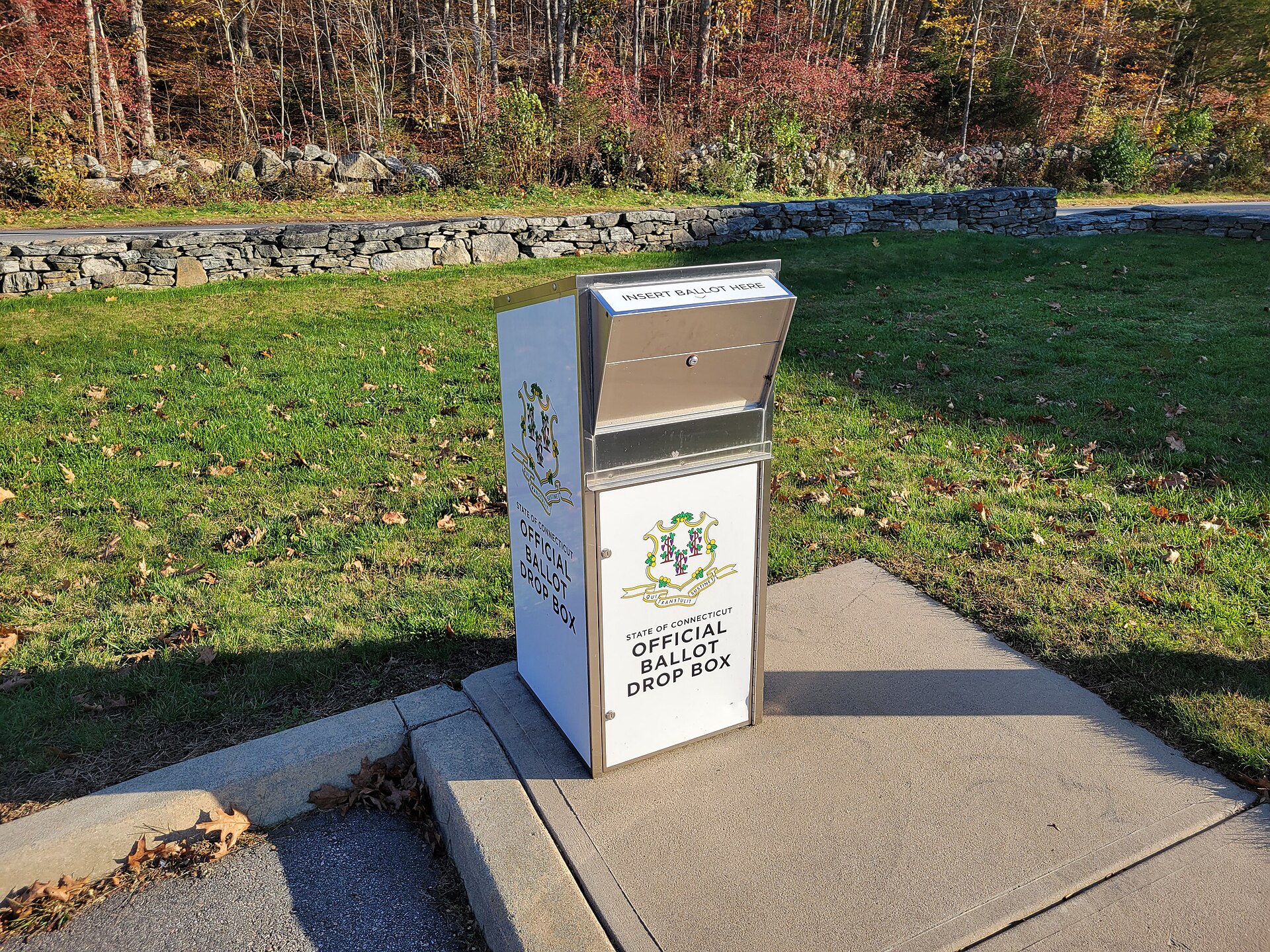 An official ballot drop box in North Lyme, Connecticut.