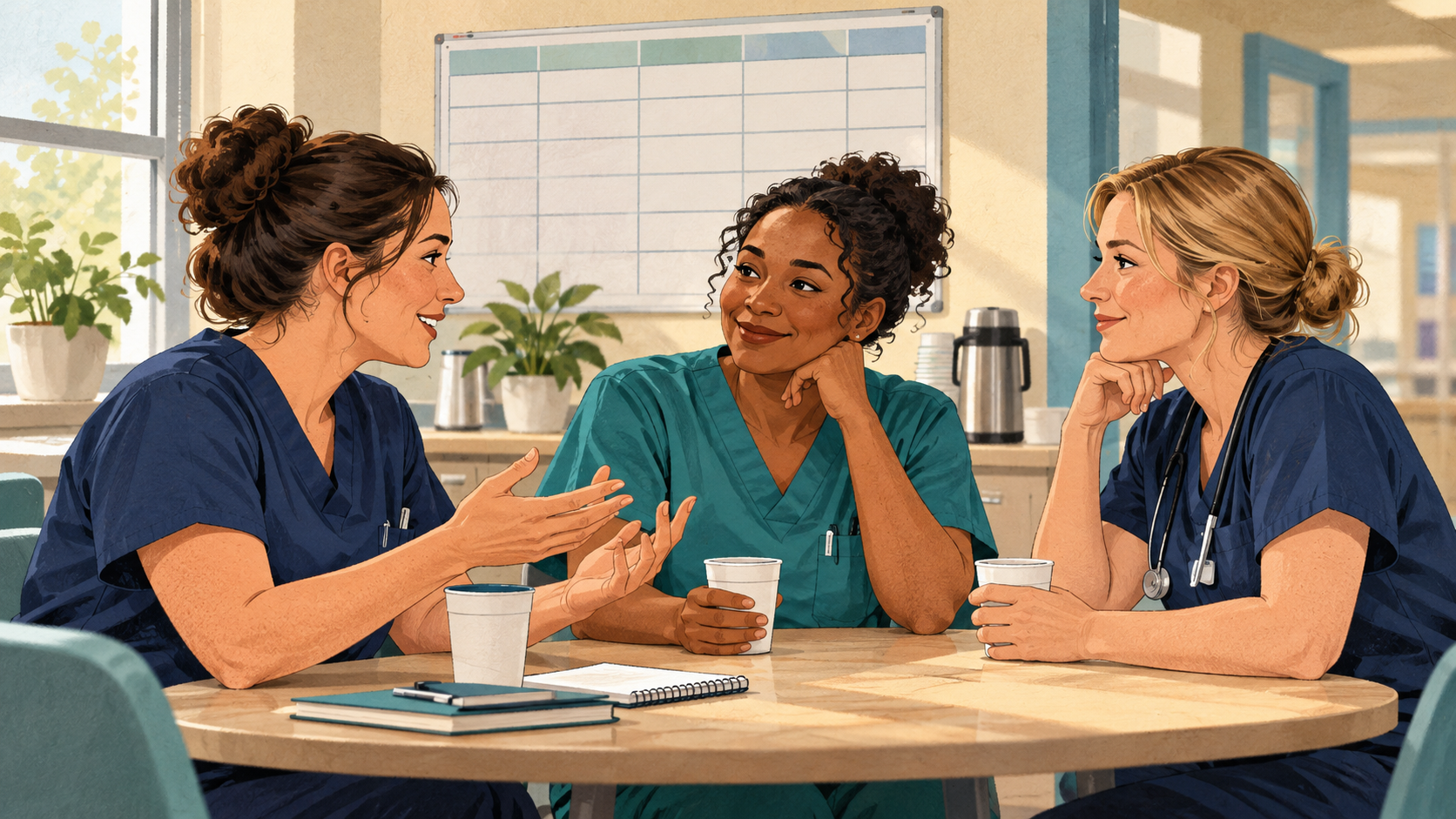 Illustration of nurses talking in a hospital break room.