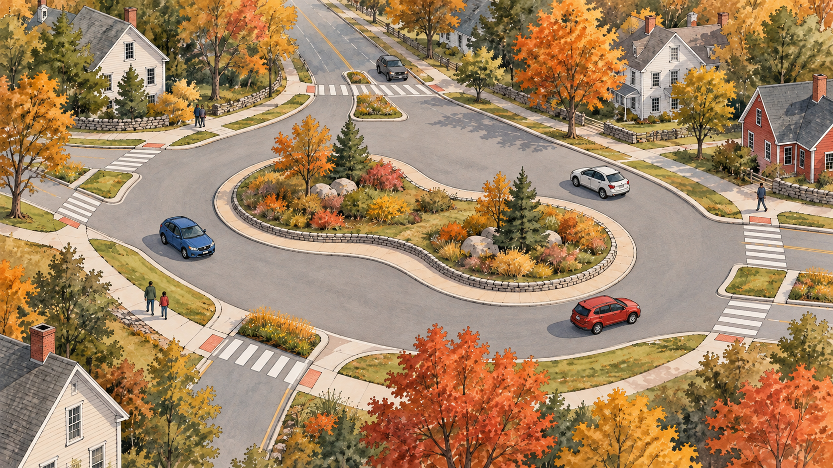 Conceptual illustration of a single-lane roundabout with a peanut-shaped central island.
