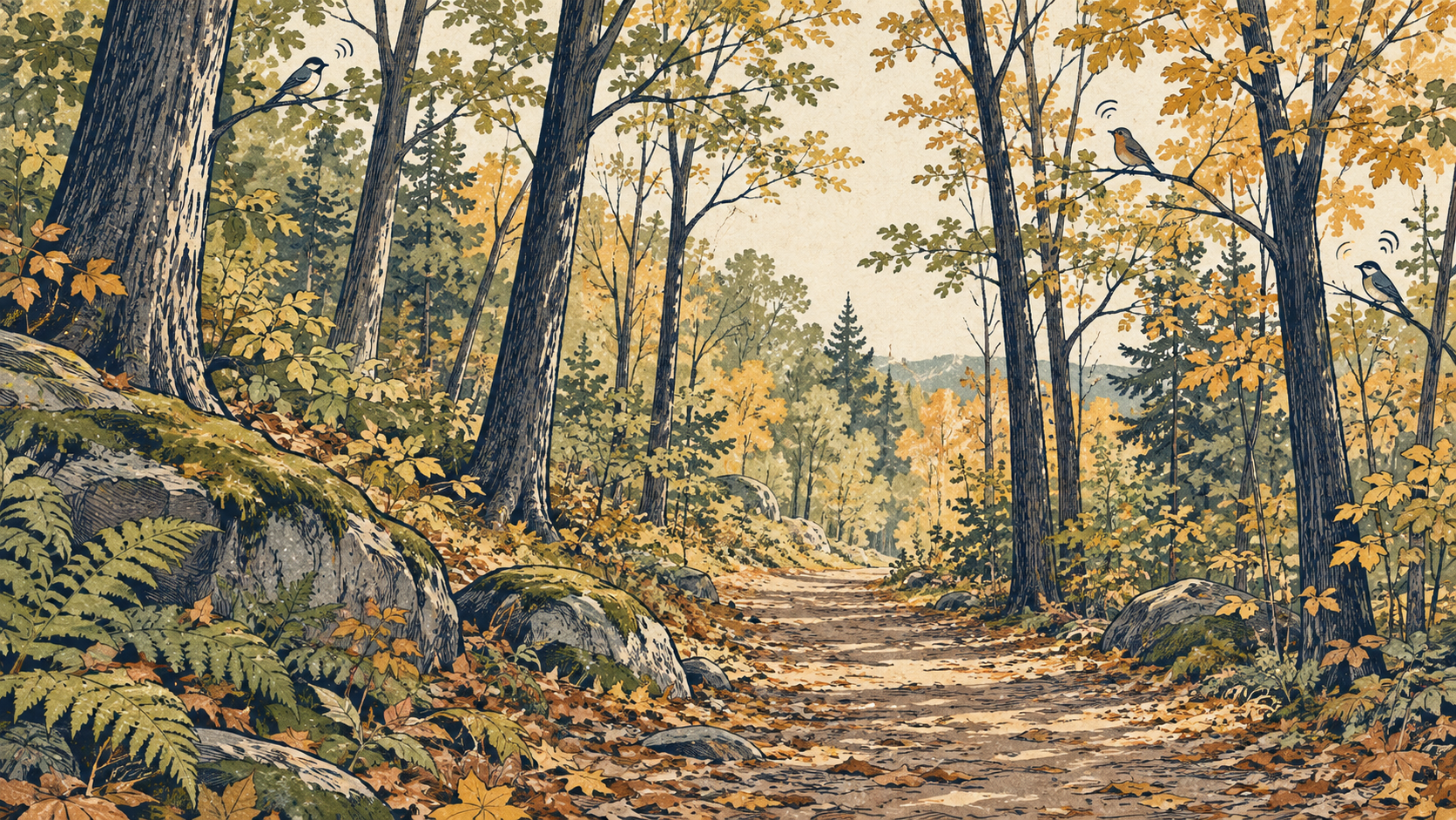 Illustration of a woodland walk and forest sounds.