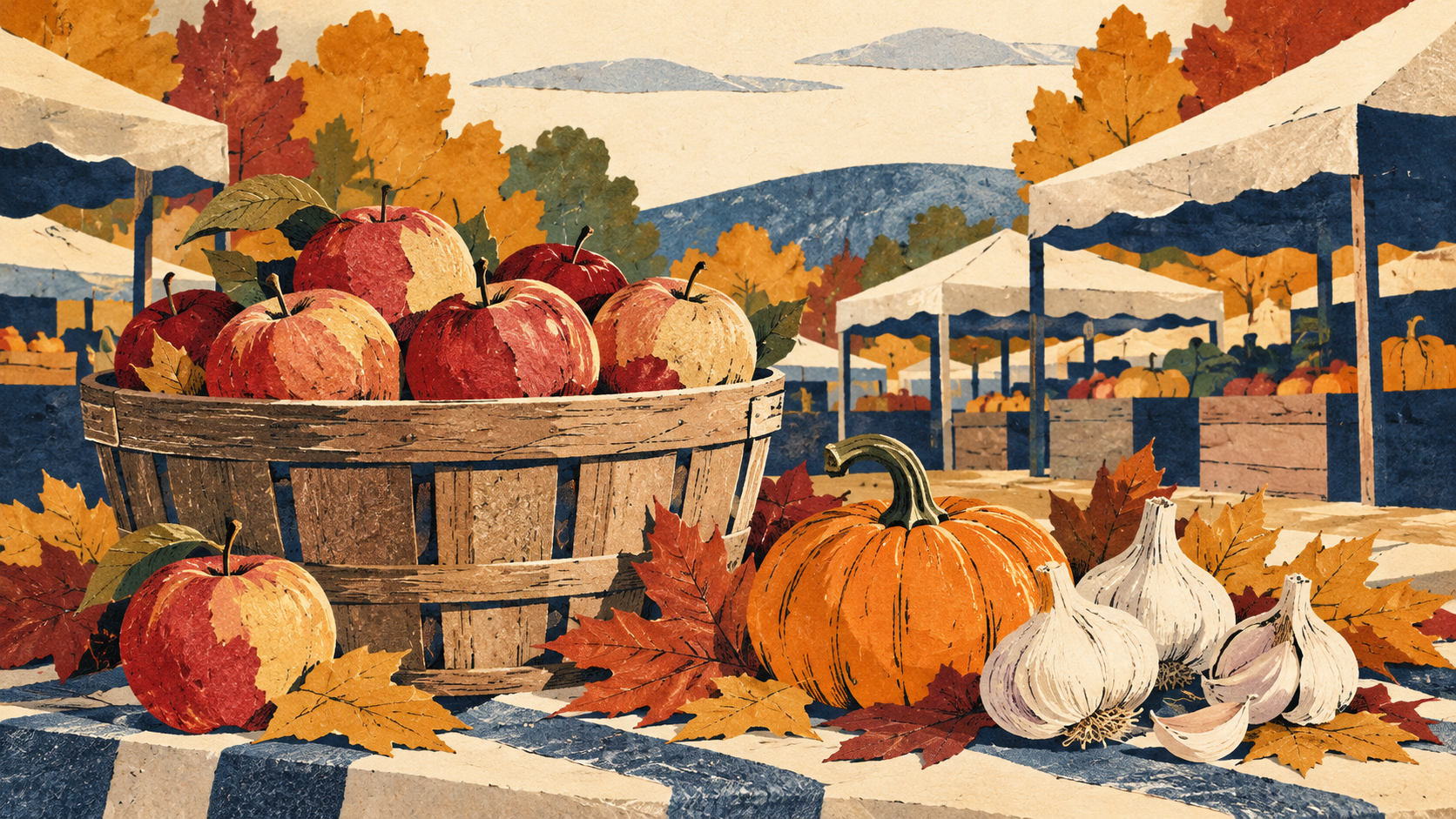 Illustration: Apples, pumpkins and garlic at a market.