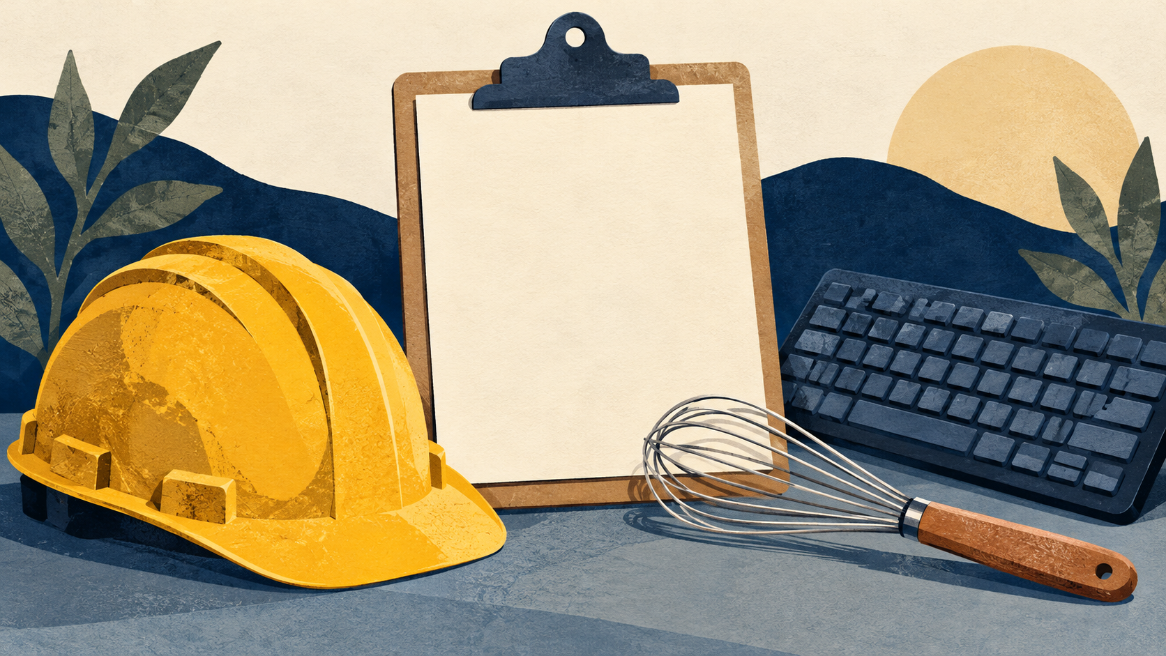 Illustration: Work tools and a blank clipboard.