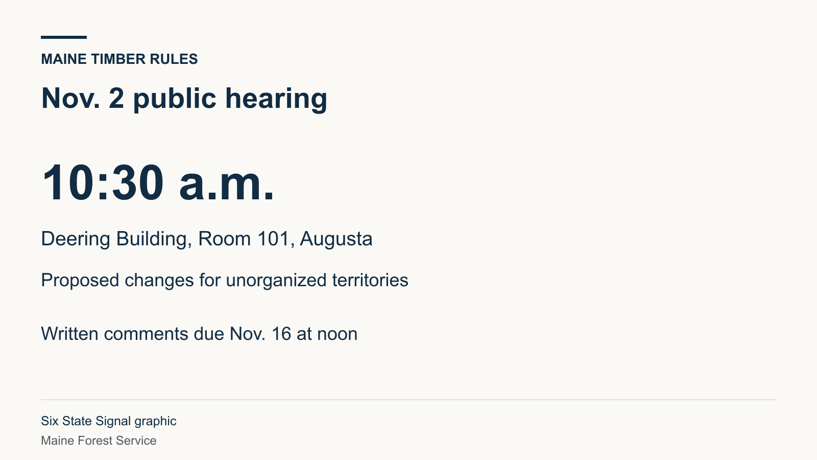 A public hearing on proposed timber rules is scheduled Nov. 2 at 10:30 a.m. in Augusta. Comments are due Nov. 16 at noon.