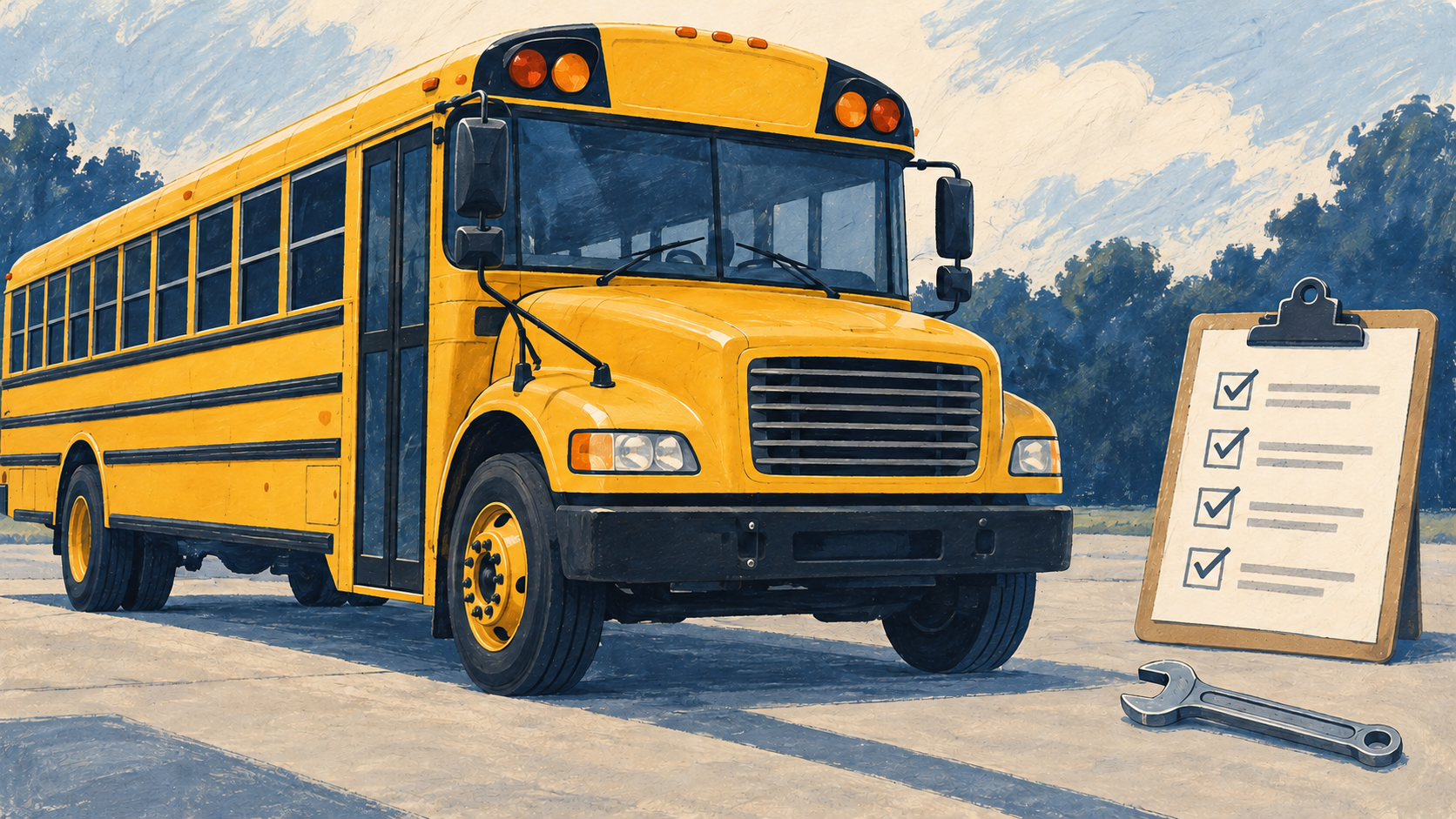 Illustration of a school bus beside an installation checklist and wrench.